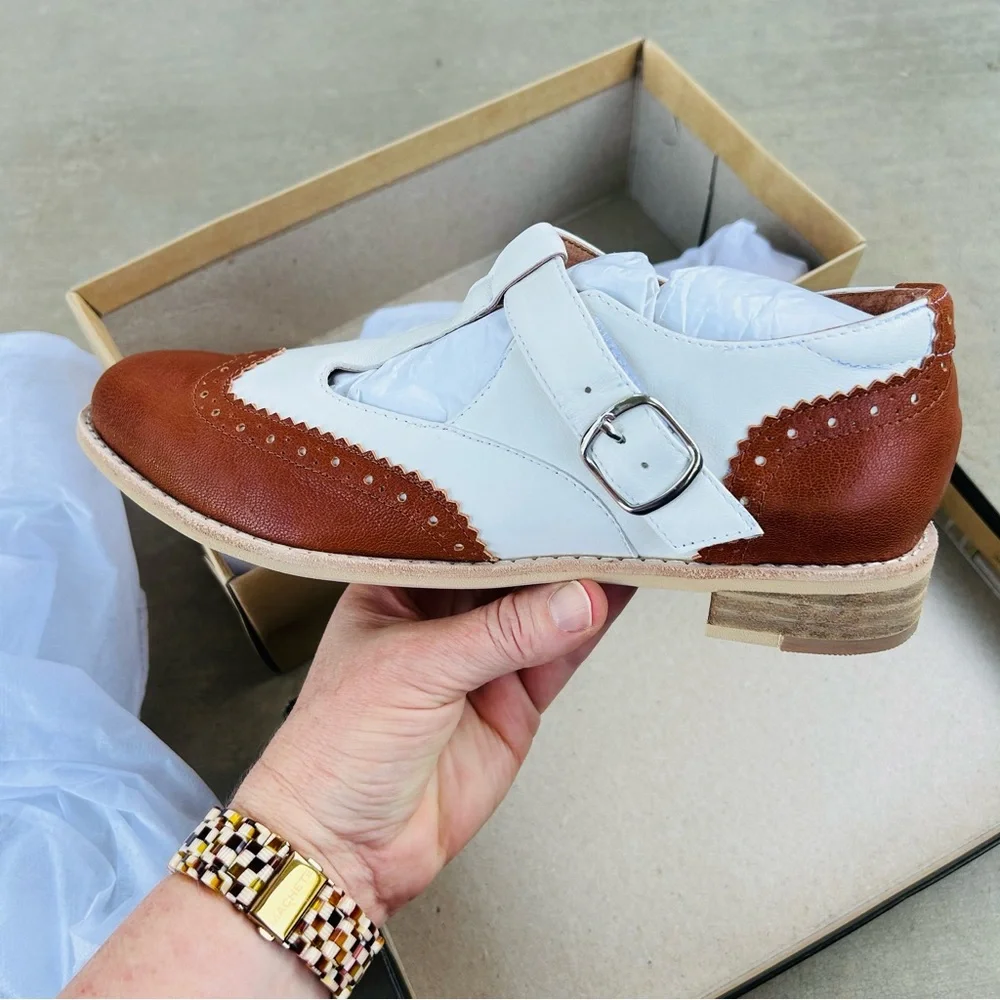 Anthropologie Wingtip Brown White Leather Mary Janes All Black Belted Wings NWT - Picture 5 of 16